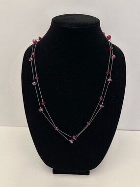 Vintage Ruby Red Beaded Layered Necklace Silver Tone Crystal Station